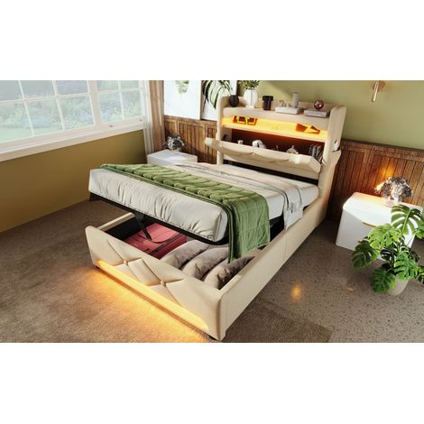 Lit single lit de 90×200 cm. Espace de rangement au niveau du sommet du lit, avec port USB et port Type C. Couleur beige. Matière : lin (sans matelas). (1/5)