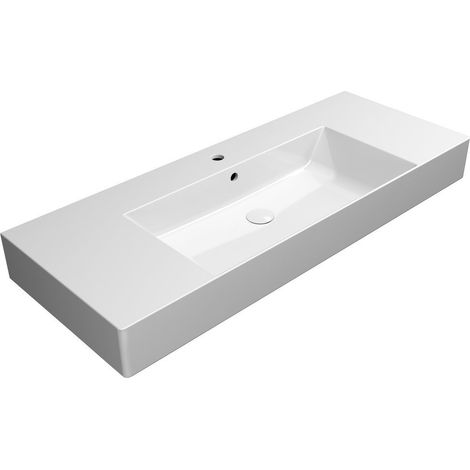 Lavabo KUBE X en céramique 120x47cm avec étagères, bord inférieur moulu, blanc ExtraGlaze (1/4)