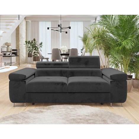 Bestmobilier – Canapé droit 2 places avec têtières ajustables – Velours 100% polyester gris foncé – Structure en bois et pieds métal chromé – Confort optimal (1/5)