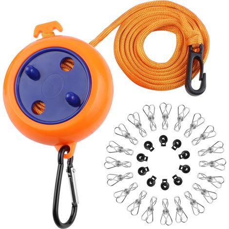 Corde à Linge Voyage, Corde à Linge de Rétractable, avec 10 Boucles de Maintien et 20 Pinces à Linge, 10m, pour Salle De Bain, Camping, Buanderie, Jardin Ou Voyage (1/5)