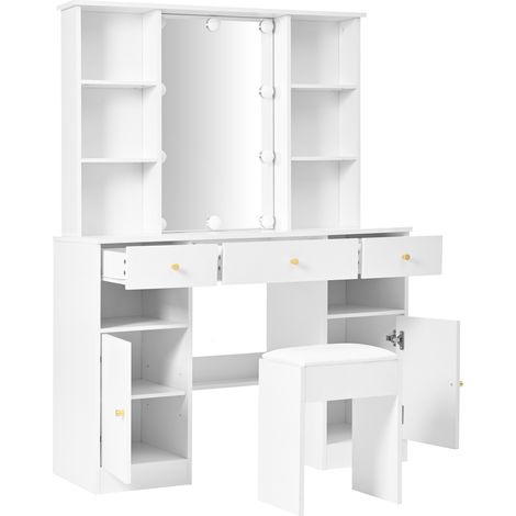 Toeletta trucco in legno truciolare bianco con specchio, luci LED regolabili, sgabello, 3 cassetti e 2 ante, 110x40x151 cm (1/5)