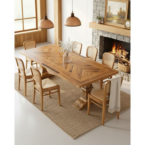 Maestro - Table salle à manger rectangulaire bois Manguier, Double Piédestal & Motif à Chevrons (1/5)
