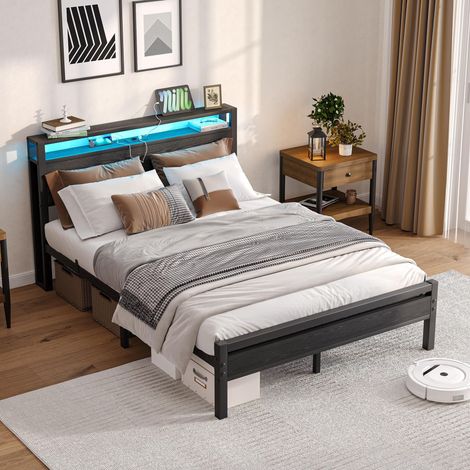 Lit adulte 140x190 cm avec rangement, USB-C et LED, cadre en métal, tête de lit avec étagères, MDF noir (1/5)