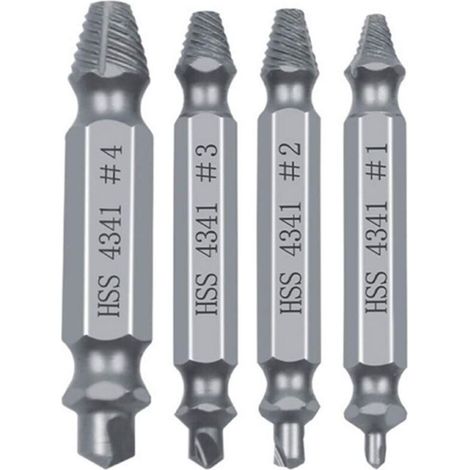 Extracteur de vis Jeu d’outils cassé Ensemble de guide-boulon endommagé, endommagé Kit de fixation cassée facile à sortir (4 pièces HSS 4341, Argent)