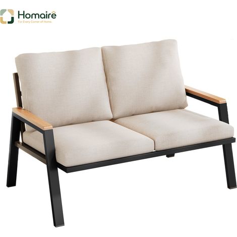 HOMAIRE Set de mobilier de jardin, canapé extérieur 2 places en acier galvanisé, accoudoirs en bois-plastique, style industriel, gris-beige