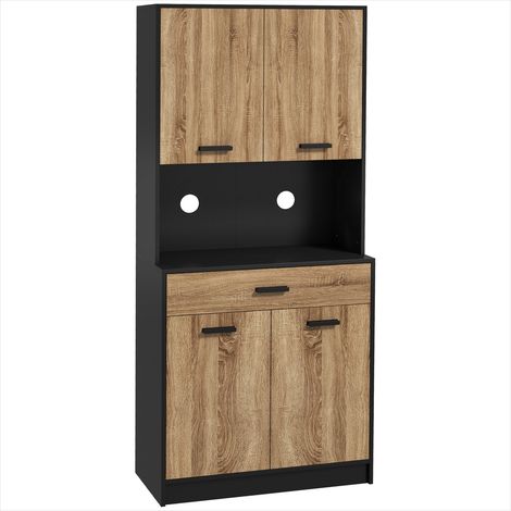 Meuble de rangement cuisine en panneaux de particules bois naturel, 2 placards 4 portes et 1 tiroir, passe-câbles, 80x40x180 cm (1/5)