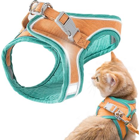 Katzengeschirr und Leine, Bequeme Laufweste für Katzen mit Leine, Weste zum Überziehen, Atmungsaktive Reflexstreifen, Weste für kleine mittelgroße Katzen Orange und Grün -M (1/5)