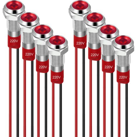 8pcs 6mm Voyant LED 220-230V Signal Lumineux étanche Panneau Métallique Voyant LED Montage sur Panneau Tête Plate avec Fils Coque Argentée, Roug