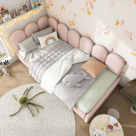 MEUBLIV Lit banquette en velours rose avec 2 tiroirs lit de jour forme L convertible pour chambre d enfant adolescent et invités avec sommier 90 x 200 cm (1/5)