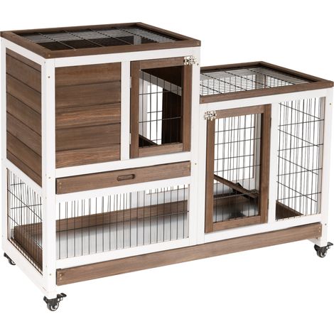 Conigliera Gabbia per Conigli 110x50x86 cm con Ruote in Legno Marrone e Bianco (1/5)