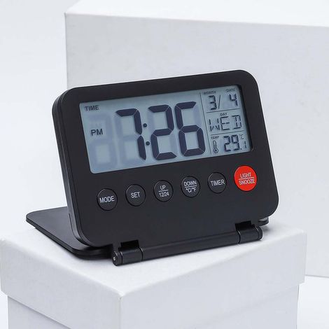 Réveil chambre de voyage bureau avec calendrier, température, minuterie, écran LCD, snooze, 12/24h, compte à rebours, pile, numérique, pliable (1/5)
