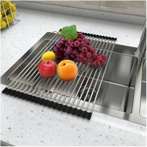 Égouttoir à vaisselle enroulable pliable et réglable en acier inoxydable pour évier - (1/4)