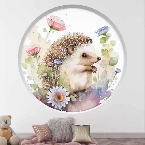Stickers Trompe l'oeil Arche ronde Enfants - Hérisson fleurs - Diamètre 30 cm (1/4)