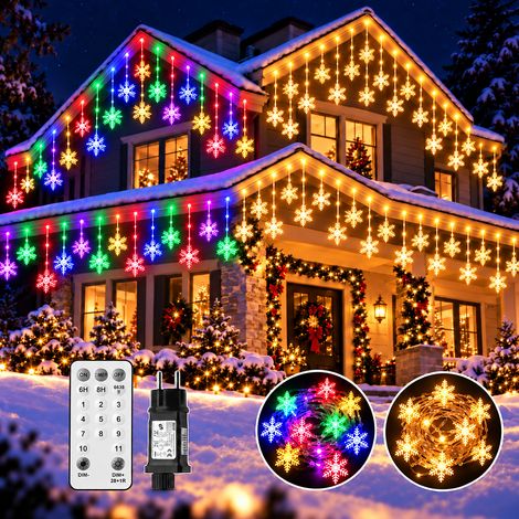 9m Rideau Lumineux Flocon de Neige d'extérieur Étanche IP44 360 LEDs 31V 3 Timer Mémoire 11 Modes Intensité Variable Blanc Chaud Multicolore avec Télécommande Guirlande Lumineuse Intérieur pour Noël F