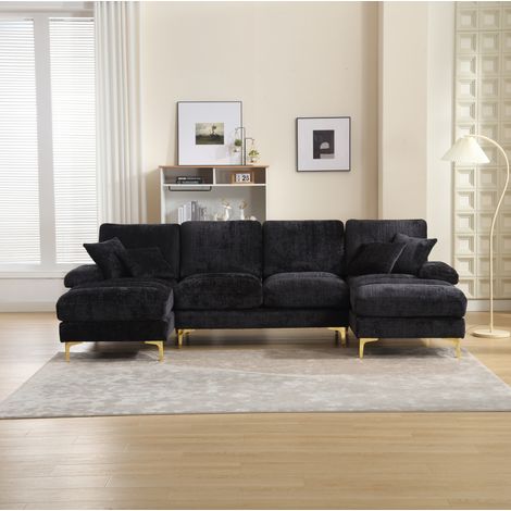 Panorama-U-Ecksofa mit 2 Relaxfunktionen, Chenille schwarz, 272 x 136 x 88 cm HAVRYA (1/5)