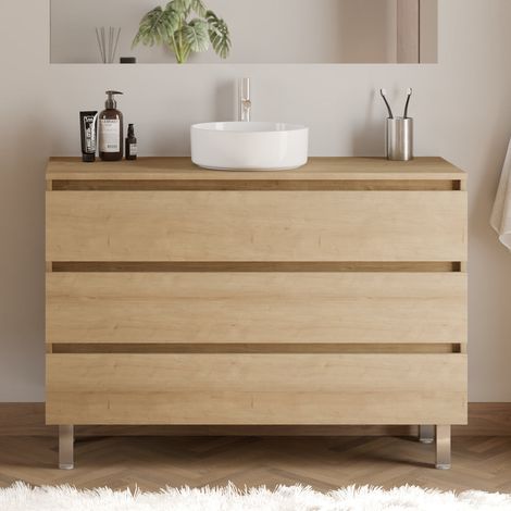 Meuble de salle de bain 120cm avec plateau et vasque à poser ronde - 3 tiroirs - sans miroir - nebraska (chêne clair) - MAYOR (1/5)