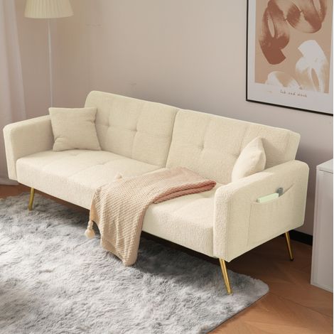 Divano letto con schienale regolabile, piedini in metallo dorato e tasche laterali, in velluto, beige (1/5)