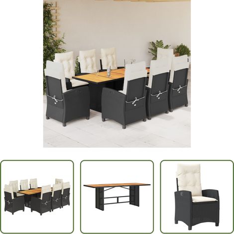 Gartentisch -  9-tlg. Garten-Essgruppe mit Kissen Schwarz Poly Rattan (1/5)