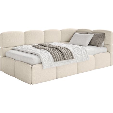 Selsey Cloudy – Jugendbett 120x200, Kopfteil rechts, Matratze & Bettkasten, Bouclé Hellbeige