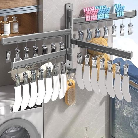 Séchoir à linge rotatif pliable, artefact de séchage à linge sans perforation, 4 tiges et 28 clips (1/5)