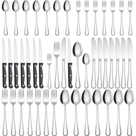 Ménagère 48 pièces - Acier inoxydable - Comprend couteaux, fourchettes et cuillères à steak - Pour 7 personnes - Idéale pour la maison, les fêtes et les restaurants - Compatible lave-vaisselle