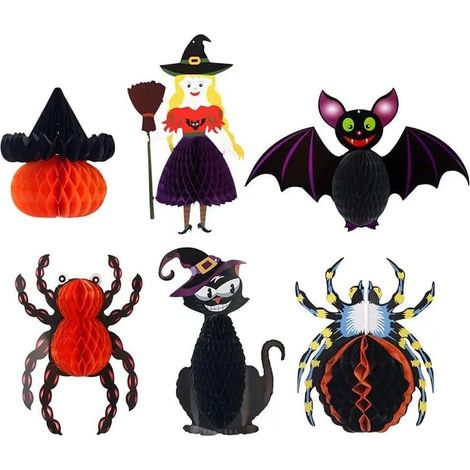 Set di 6 decorazioni di carta cellulare per Halloween - Decorazioni per porte e finestre in stile vintage (strega da appendere - pipistrelli - ragni - gatti neri) (1/5)