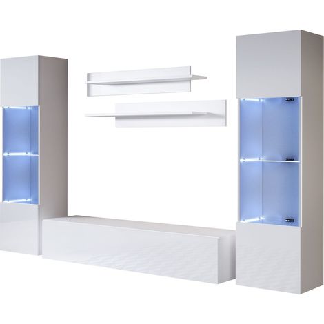 Wohnwand mit LED Mediawand Möbel TV TV-Schrank Wohnzimmer Wohnmöbel Anbauwand Möbelkombination Hängend 260cm Luke 9A Weiß Glanz (1/5)