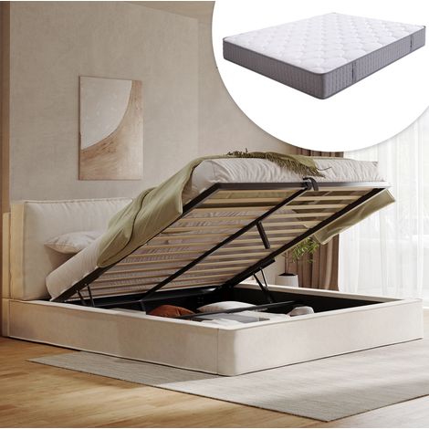 Cama tapizada de 180x200 cm con almacenaje hidráulico, cabecero acolchado, chenilla beige (1/5)
