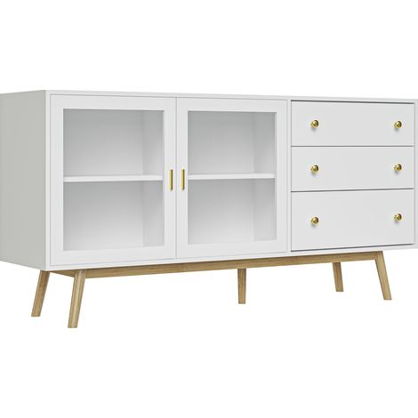 Mueble de comedor con 2 puertas de cristal, 3 cajones y patas de madera de caucho para cocina y salón, 160x40x80 cm, blanco. (1/5)