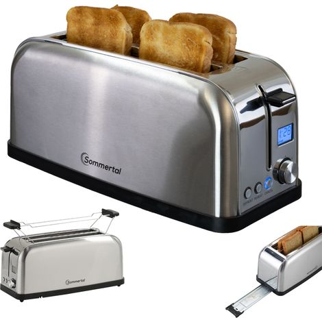 Sommertal Toaster ST1500 XXL, 4 Scheiben mit Brötchenaufsatz, Display mit Timer und Restlaufanzeige, Langschlitztoaster Restlaufzeit, Retro Design Langschlitz Edelstahl 1500W