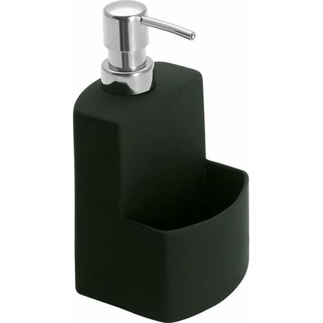 Distributeur de liquide vaisselle, distributeur de savon, céramique de haute qualité, surface douce, avec compartiment éponge, capacité 380 ml, 10 x 18 x 10 cm, noir (1/5)