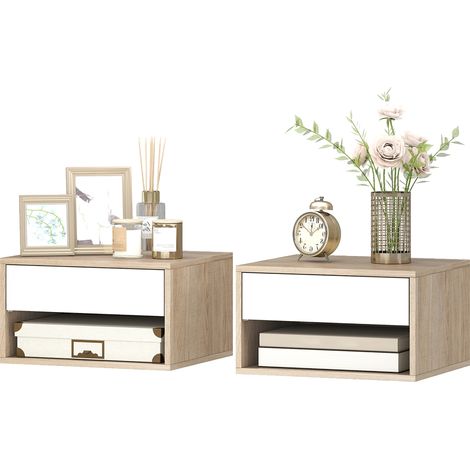 Set aus 2 wandmontierten Nachttischen mit Schublade, offenem Fach und Ablage, 37 x 32 x 21 cm, Naturholz