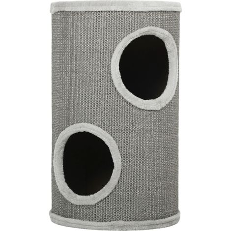 Tonneau à griffer pour chat 60 cm griffoir 2 niches en sisal et peluche tour pour 1-2 chats jusqu'à 5 kg gris (1/5)