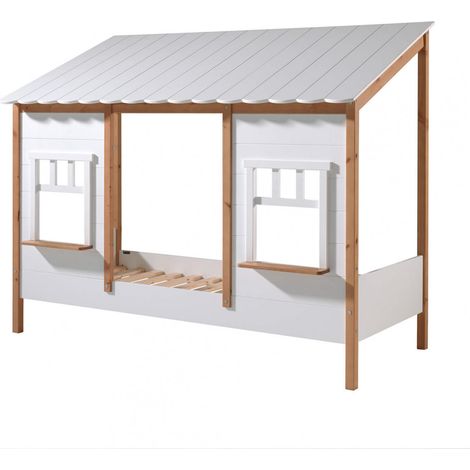 LAKA - Lit Maison 90x200cm Blanc et Pin Naturel (1/5)