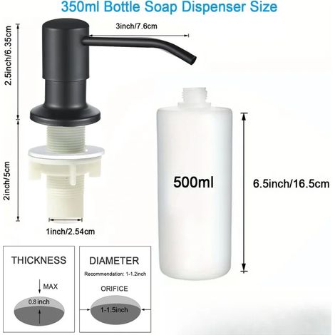 (500 ml, noir) Distributeur de savon liquide 500 ml / 350 ml, accessoire pratique pour évier de cuisine, produit ménager, pompe en acier inoxydable durable (1/5)