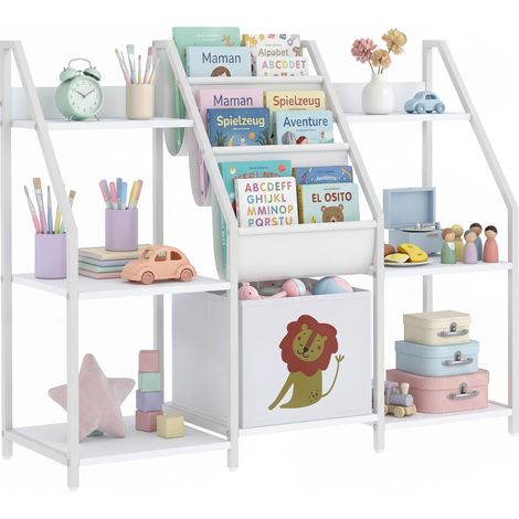 AIYAPLAY Kids Bookshelf and Toy Storage with 3-Tier Sling Book Rack, White (1/5)