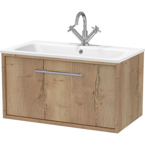 Sturbridge Contemporary 1 Drawer Wall Hung Vanity Unit with Stone Basin , 800mm, Autumn Oak