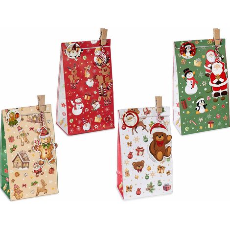 Sacchetti regalo di Natale in carta con molletta, tag sagomato, sticker di chiusura e cordino, set da 40 pezzi, cm 12 x 8 x 22,5 H
