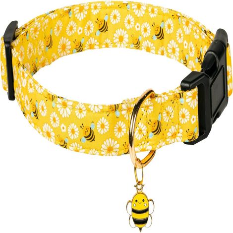 Hundehalsband aus Baumwolle, verziert mit Bienen und Blumen, geeignet für kleine, mittlere und große Hunde, Größe M.