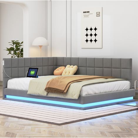 Lit banquette moderne 140x200 cm en tissu aspect lin gris avec tête de lit, LED multicolore, prise USB et sommier à lattes (1/5)