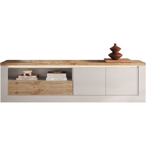 Mueble para TV SASHA – 2 puertas, 1 cajón y 1 compartimento abierto con LED – Blanco lacado y roble Cadiz