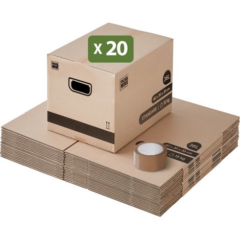 Lot de 20 cartons de déménagement 40x30x30 cm – Poignées renforcées – Capacité 36 litres – Pour stockage livres jusqu'à 15 kg – Pack And Move