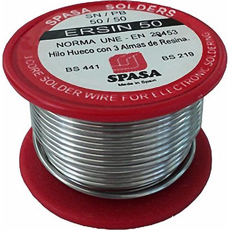 SPASA estaño plata flux 50% 100 gr 1.5 mm ersin , Rollo de estaño Flux 50%.
- Tamaño: 1,5 mm.
- Hilo hueco de soldar.
- 3 almas de resina.
- Soldadura eléctrica.
- Rollo de 100 gr.