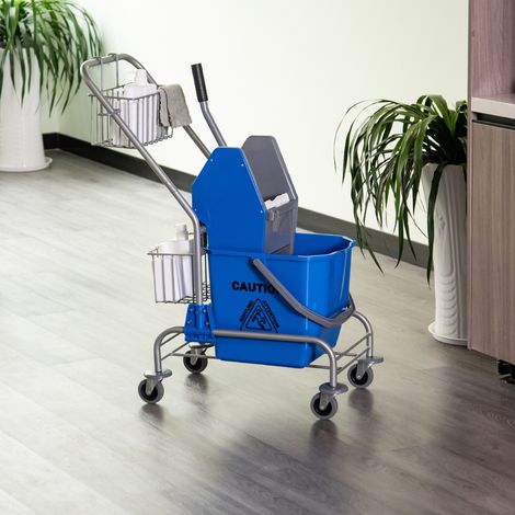 Secchio per mocio HOMCOM da 26 litri, secchio professionale con strizzatore a pressione verso il basso, ruote e cestelli portaoggetti, 73x45x95 cm, blu