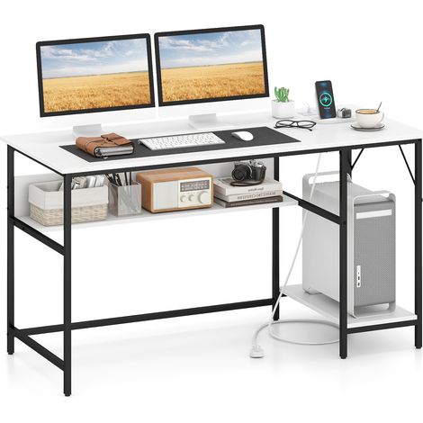 COSTWAY 140 x 60 CM Computer Desk w/ Charging Station & 4 Power Outlets-White (1/5)