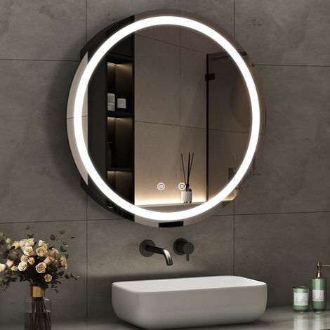 60 x 60 cm Rund Spiegelschrank Bad mit Beleuchtung LED Spiegelschrank mit Beleuchtung Badspiegel Schwarz mit Beleuchtung Medizin Kabinett Hängeschränke mit 3 Einstellbare Lichtfarben Beschlagfrei, Sch