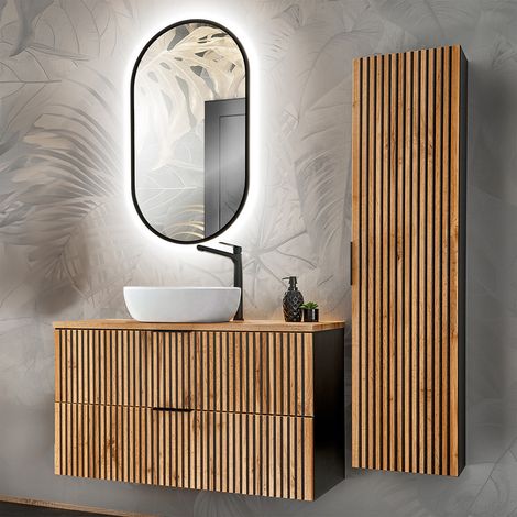 Conjunto mueble lavabo individual 100 cm y columna Gaia Madera y Negro (1/4)