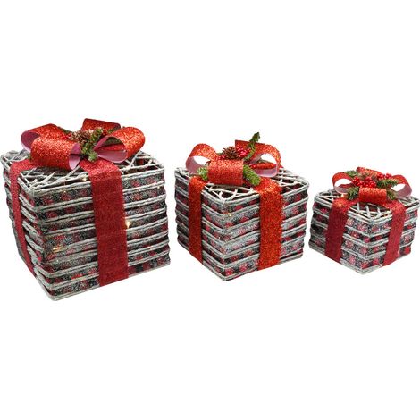 Set 3 Pacchi di Natale con LED in Plastica Rosso Glitterato (1/2)