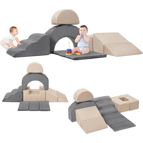 Ensemble d’Éveil Motricité Enfant 7 Pièces en Mousse, Parcours d’Escalade Modulable avec Rampe, Tunnel et Toboggan, Housse Velours Lavable Gris (1/5)