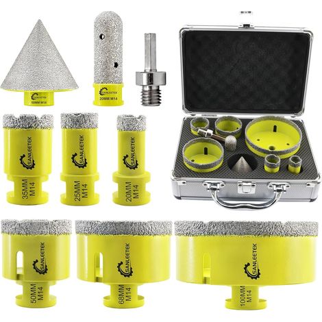 Foret Diamant Kit Trepan Carrelage - 9pcs (20/25/35/50/68/100mm+20mm Fraise Diamant+50mm Mèches de Chanfrein+Adaptateur) pour Carrelage Céramique Porcelaine Marbre Granit M14 Filetage (1/5)